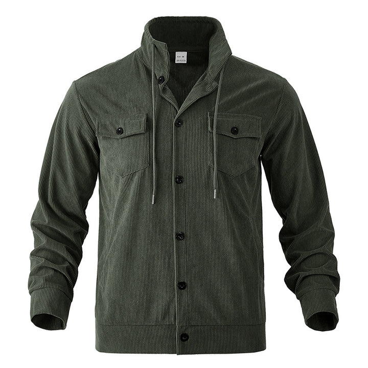 Men's cord jacket with stand-up collar, drawstring, continuous button placket, and applied chest flaps Mune Fashion