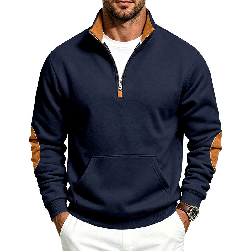 Men's Troyer sweater with half zip, kangaroo pocket, and elbow patches Mune Fashion