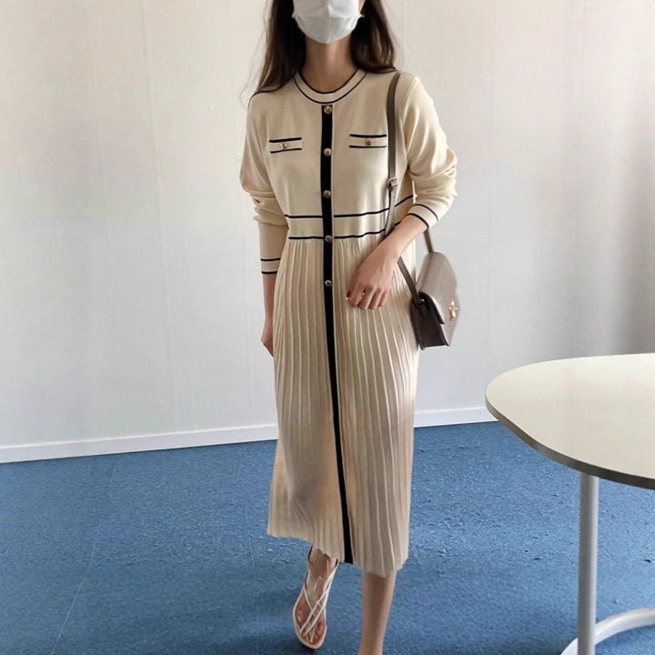 Ladies Elegant Long Knit Dress with Contrast Piping, Decorative Button Placket and Pleated Skirt Mune Fashion