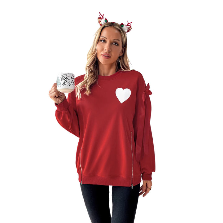 Women's Christmas sweatshirt pullover with heart appliqué and side bows Mune Fashion