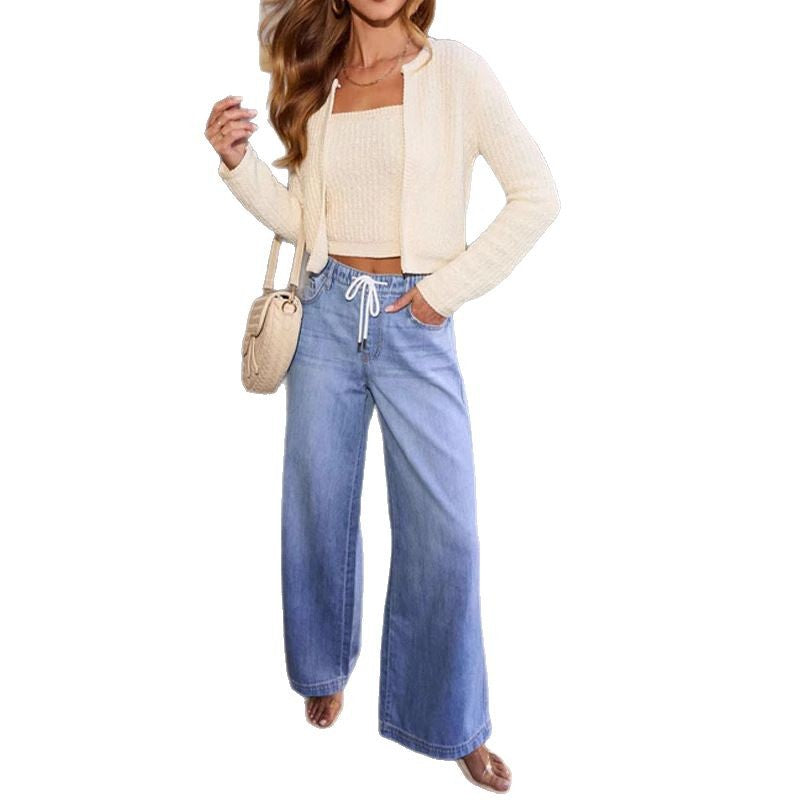 Women's high-waisted wide-leg jeans with drawstring waistband and casual silhouette Mune Fashion