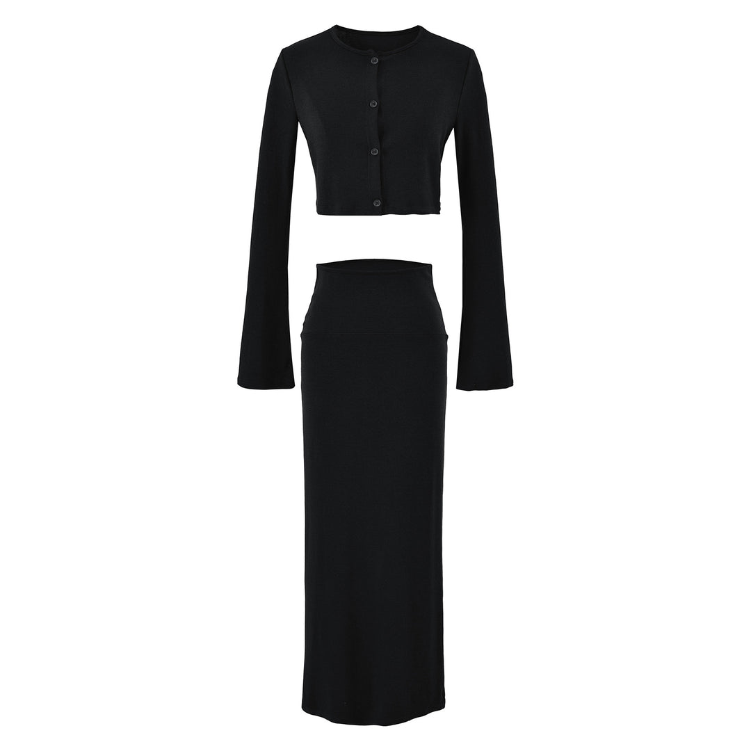Ladies' cropped set made of fine knit with button cardigan and figure-hugging maxi skirt Mune Fashion