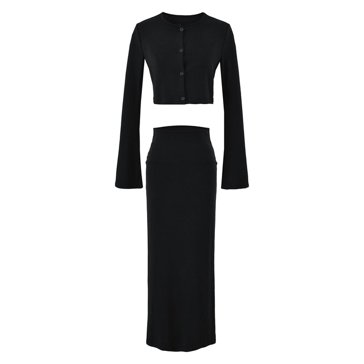 Ladies' cropped set made of fine knit with button cardigan and figure-hugging maxi skirt Mune Fashion