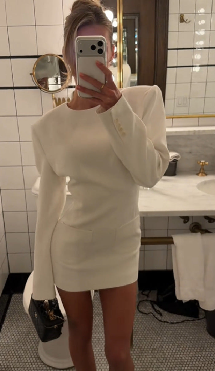 Women Figured Fitted Mini Dress with Emphasized Shoulders and Patch Pockets Mune Fashion