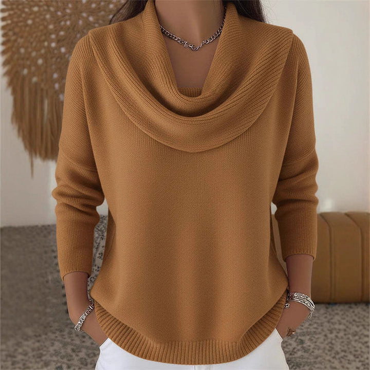 Women's shimmering knit sweater with waterfall collar, fine glitter structure and slim hem Mune Fashion