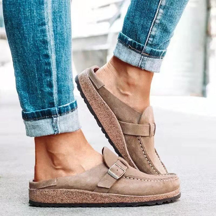 Damen Veloursleder-Slipper mit ergonomischer Korksohle und verstellbarem Schnallenriemen Mune Fashion