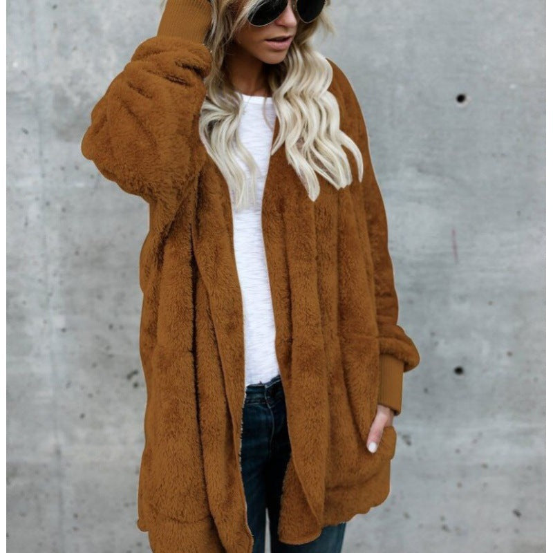 Women's Oversize Teddy Fleece Coat with Open Front, Side Pockets, and Ribbed Cuffs Mune Fashion