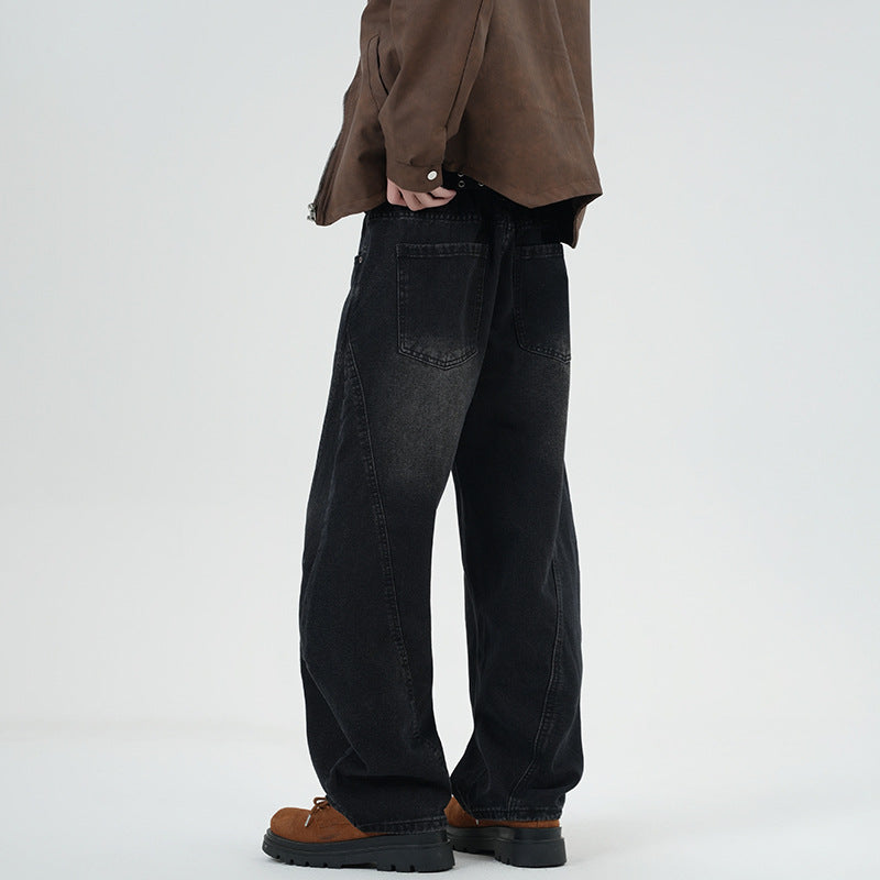 Men's Wide Stonewashed Panel Denim Pants with Drop Crotch and Distinctive Decorative Stitching Mune Fashion