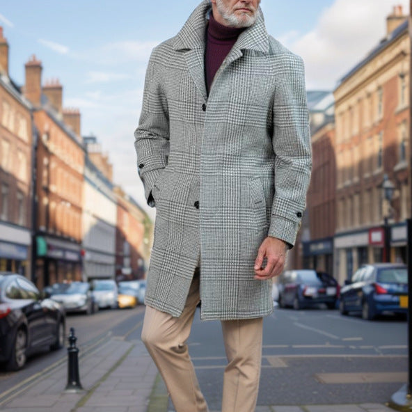 Men's Glencheck Wool Coat with Waist Belt and Stand-up Collar Mune Fashion