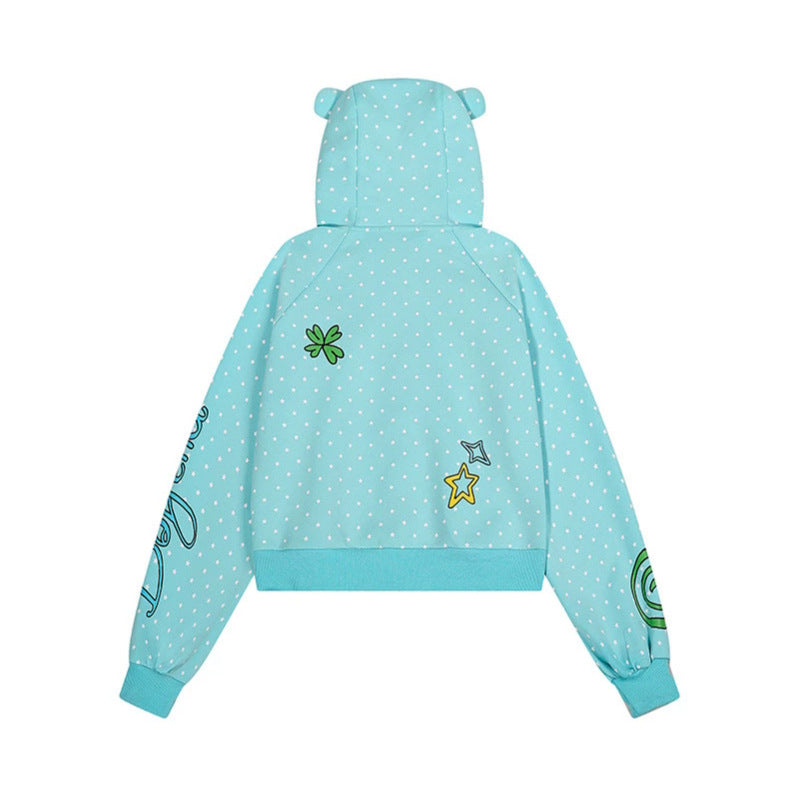 Women's Cozy Hoodie with Ears, Allover Star Pattern and Playful Cartoon Prints