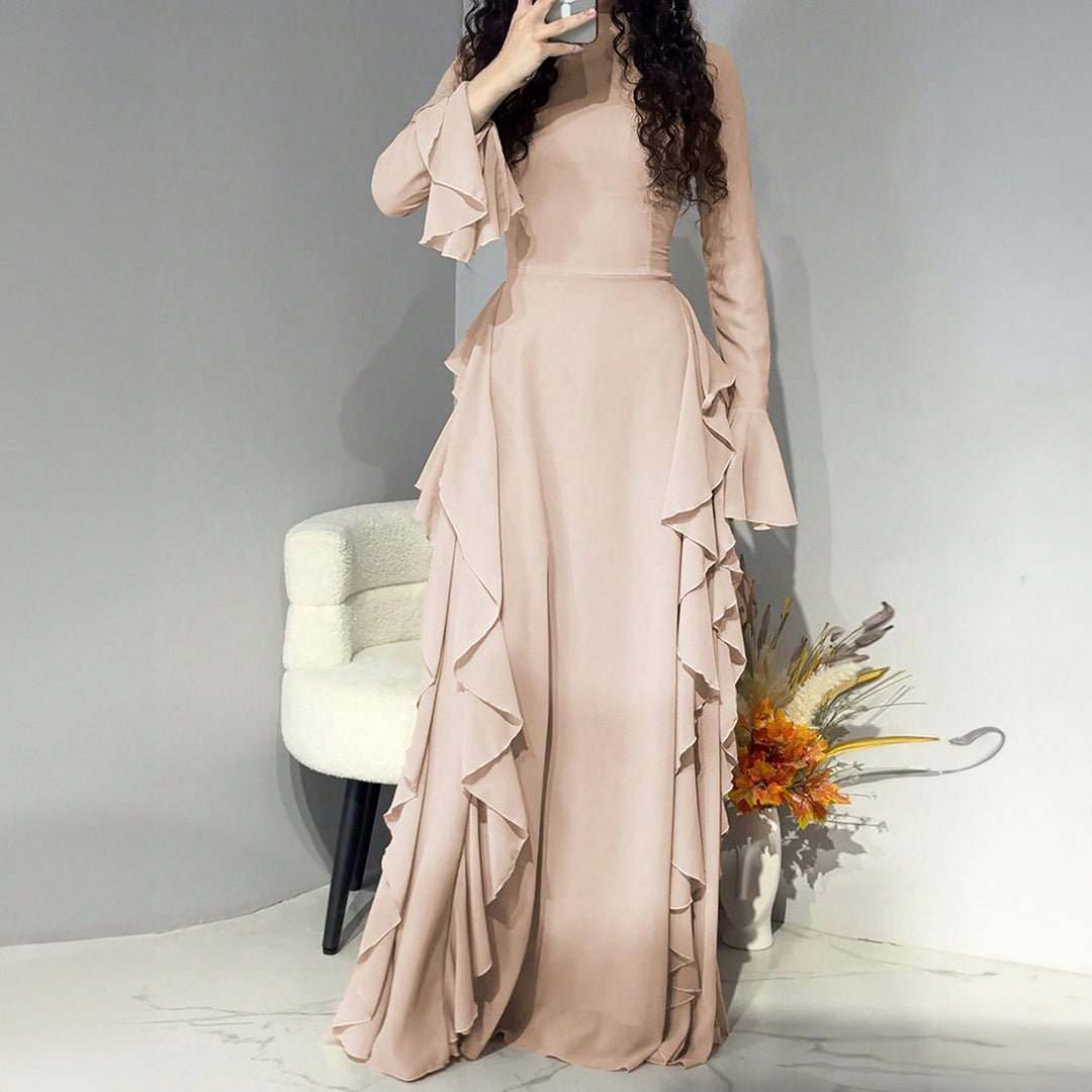 Women nan maxi dress with ruffle trim, tailored empire silhouette and long bell sleeves Mune Fashion