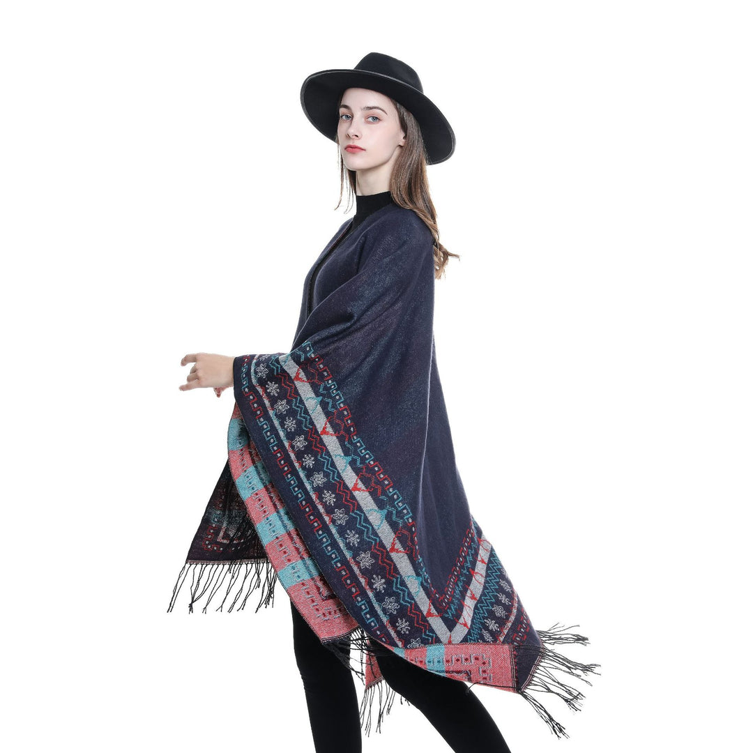 Women's Wool Blend Kimono Poncho with Norwegian Border and Fringe Mune Fashion