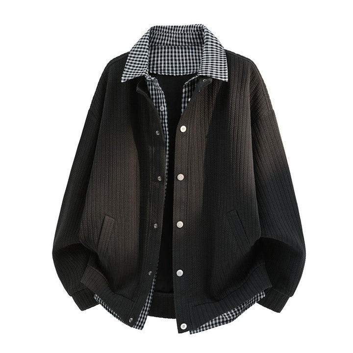 Men's casual knitted overshirt jacket with plaid shirt collar and snap button placket Mune Fashion