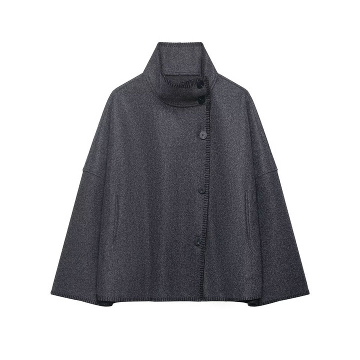 Women's wool blend cape with high stand-up collar, decorative stitching and button placket Mune Fashion