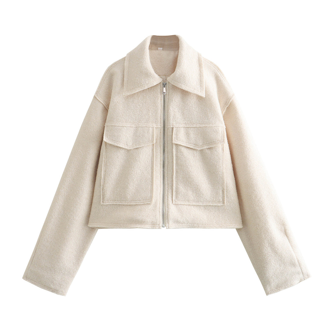 Women Short Boucle Jacket in Boxy Cut with Zip and Flap Pockets Mune Fashion