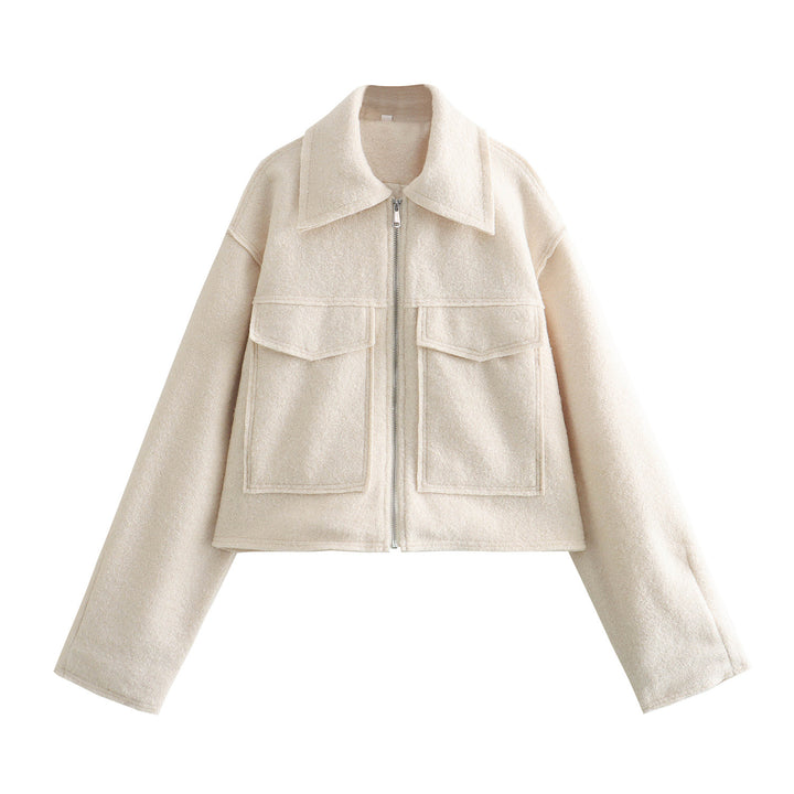 Women Short Boucle Jacket in Boxy Cut with Zip and Flap Pockets Mune Fashion