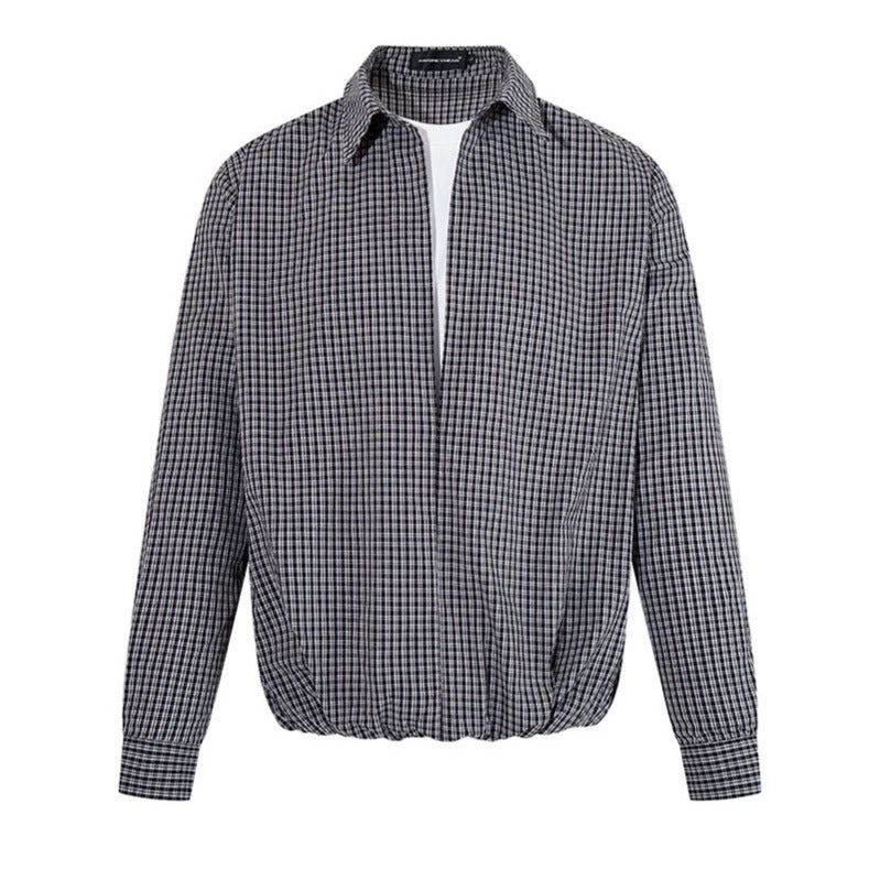Men's Overshirt Blouson in Check Pattern with Elastic Waistband and Shirt Collar Mune Fashion