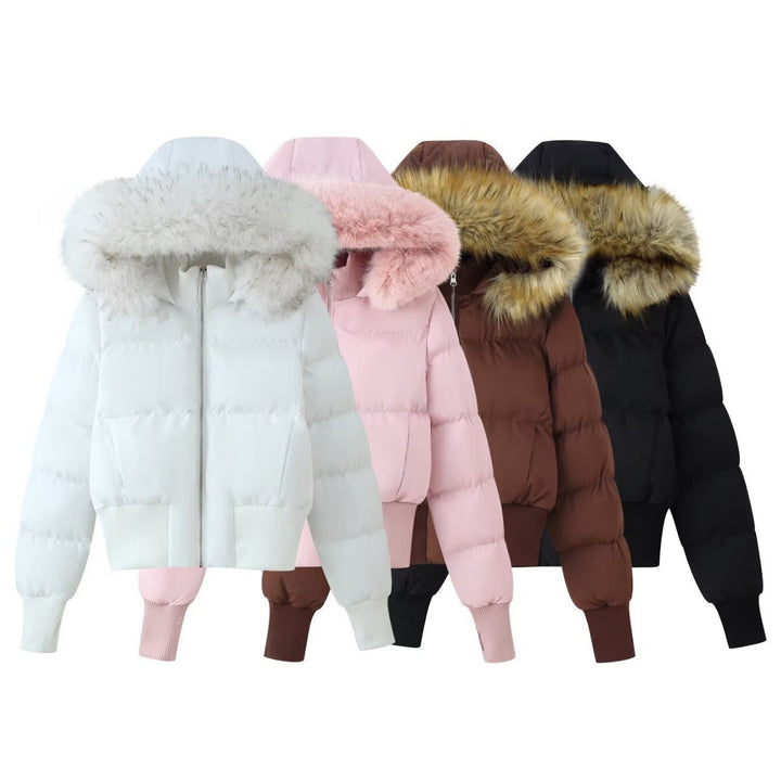 Women's Padded Cropped Bomber Jacket with Hood and Removable Faux Fur Trim Mune Fashion
