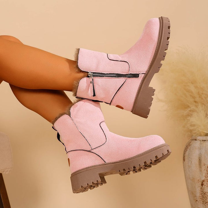 Women Fleece Lined Suede Look Ankle Boots with Teddy Lining, Side Zipper and Profiled Rubber Sole Mune Fashion