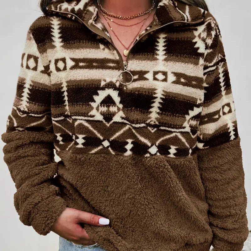 Women's Fleece Pullover with Modern Aztec Pattern and Stand-Up Collar Mune