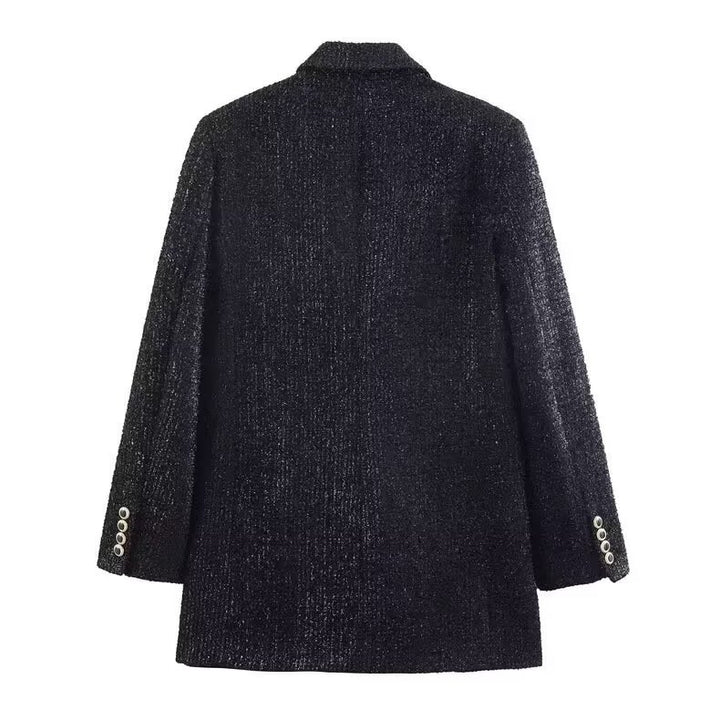 Ladies Double-breasted Boucle Blazer Coat with Lapel Collar and Decorative Metal Eyelets Mune Fashion