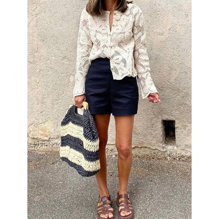 Women's Crochet Cardigan with Floral Openwork Pattern, Button Placket & Wavy Hem Mune Fashion