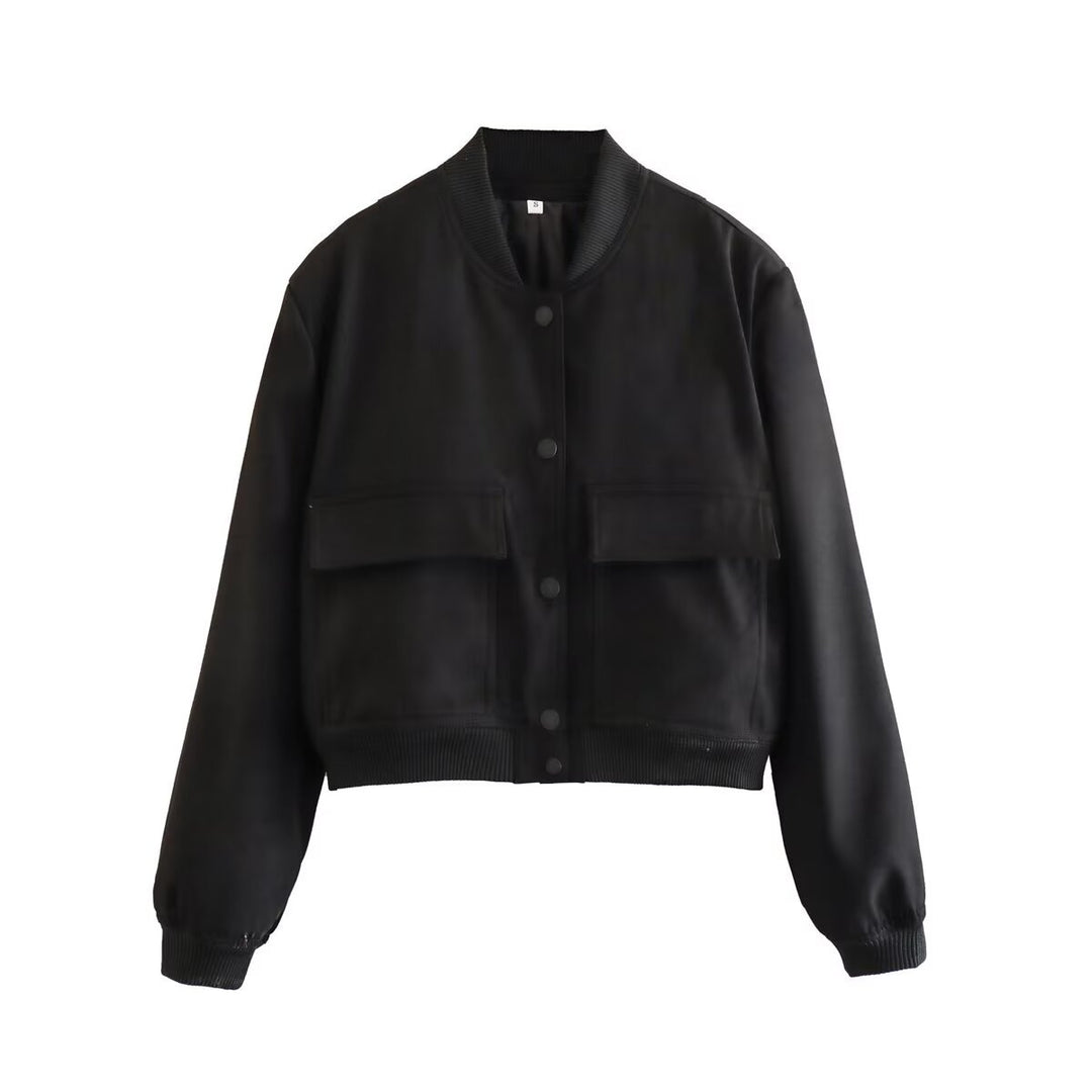 Women’s short cut bomber jacket in boxy fit with large flap pockets and ribbed hem Mune Fashion