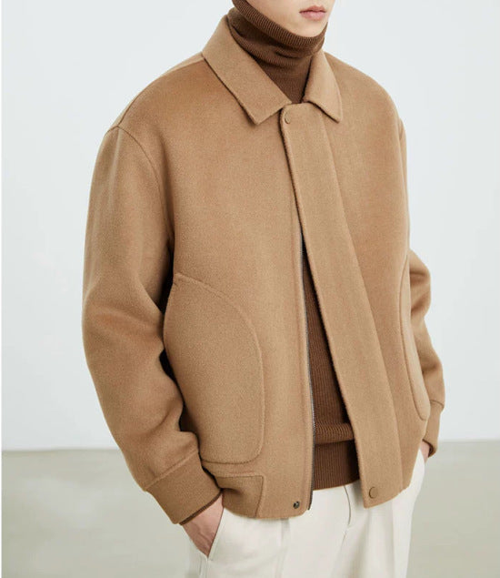 Men's Boxy Wool Blend Zip Jacket with Concealed Button Placket and Round Patch Pockets Mune Fashion