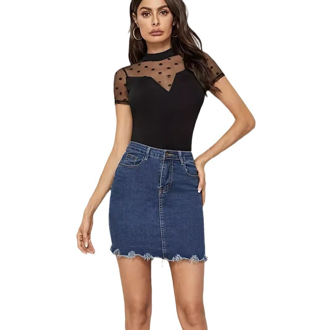 Women's figure-hugging tulle body with dot tulle, stand-up collar and V insert Mune Fashion