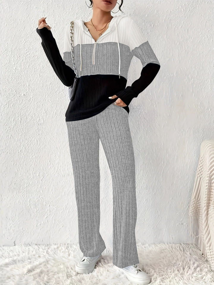 Women's Ribbed Lounge Set with Hooded Half-Zip and Wide Palazzo Knit Pants Mune Fashion