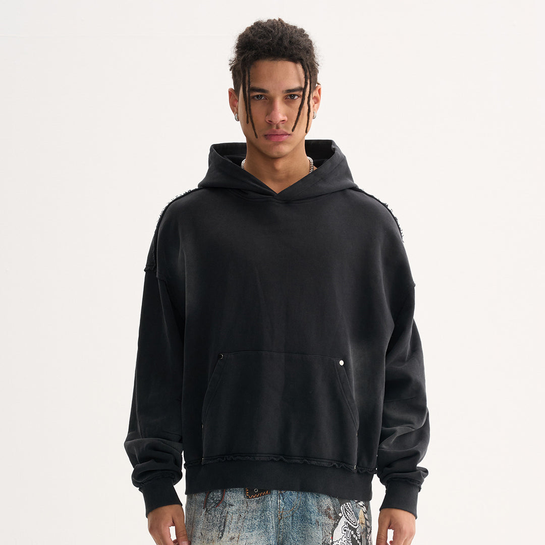 Men's Boxy Hoodie with Frayed Hem, Studded Kangaroo Pocket and Worn Spot Effect Mune Fashion