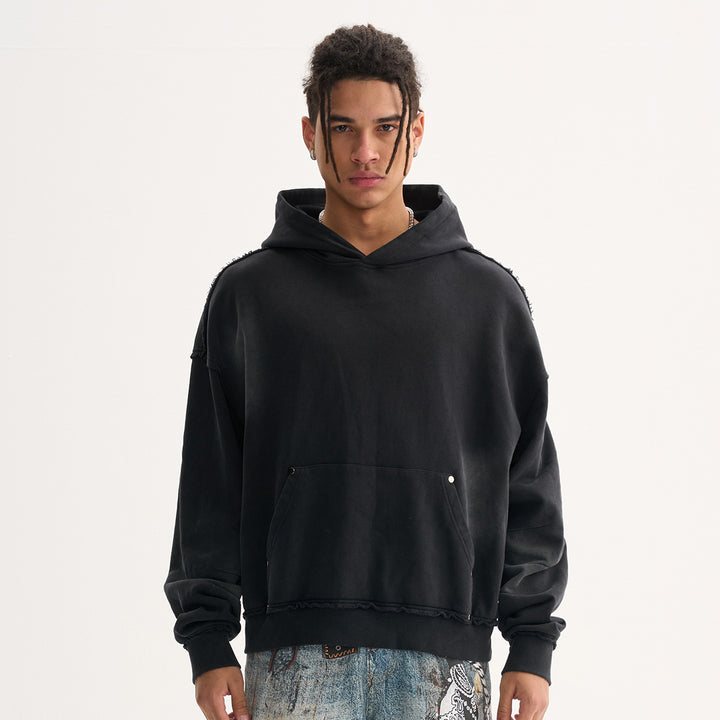 Men's Boxy Hoodie with Frayed Hem, Studded Kangaroo Pocket and Worn Spot Effect Mune Fashion