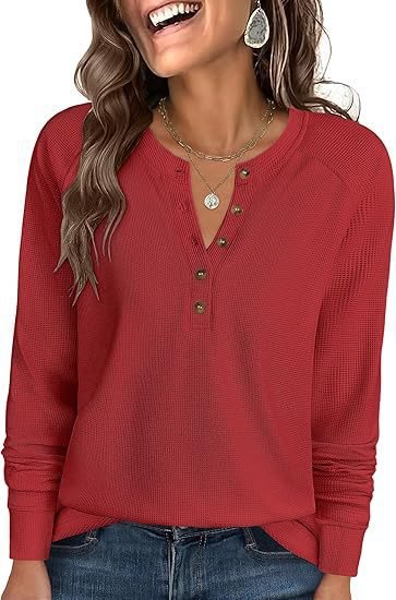 Ladies Waffle Knit Henley Long Sleeve with Button Placket, Raglan Sleeves and Ribbed Cuffs Mune Fashion