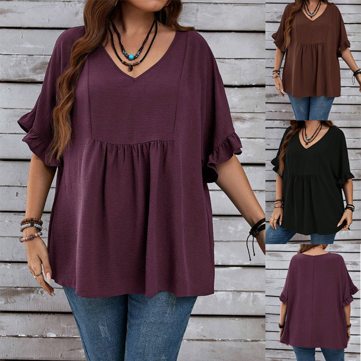 Women's Casual V-Neck Tunic with Gathered Empire Seam and Ruffle Sleeves Mune Fashion