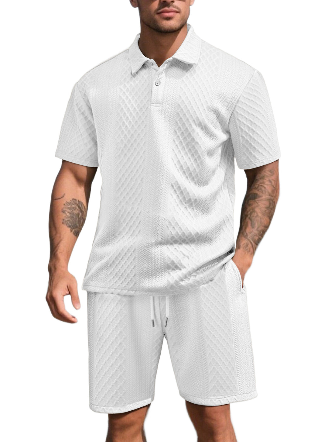 Men's three-dimensional relief leisure set with polo collar, concealed button placket and elastic drawstring shorts Mune Fashion