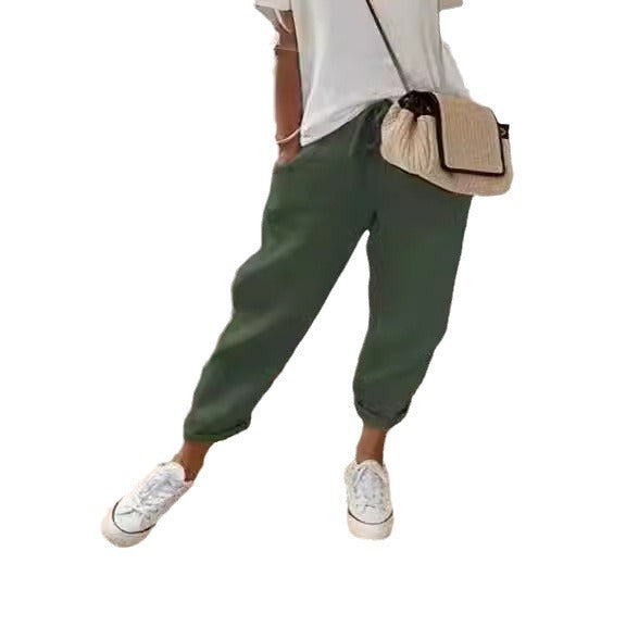 Women's linen jogger pants with drawstring, loose tapered fit and rolled hems Mune Fashion