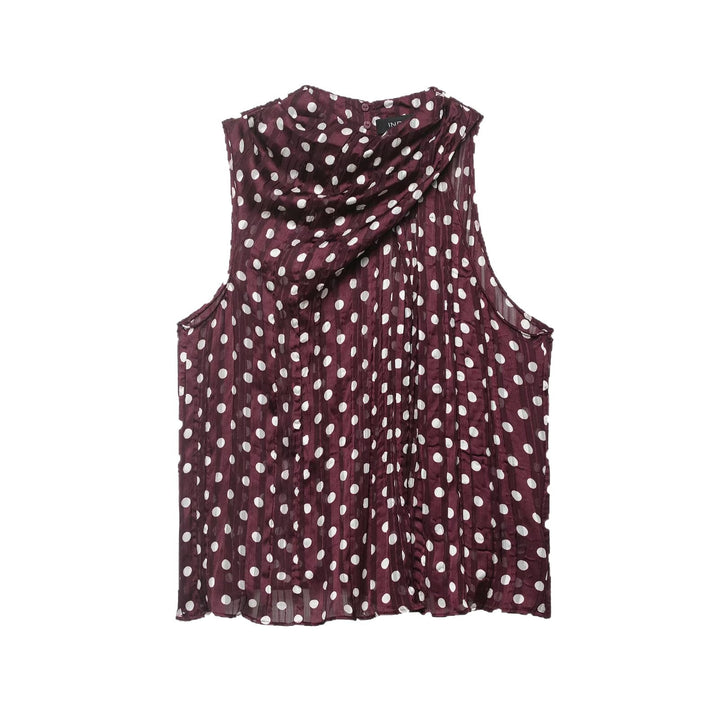 Women's Sleeveless Pleated Chiffon Blouse with Polka Dot Pattern and Waterfall Collar Mune Fashion