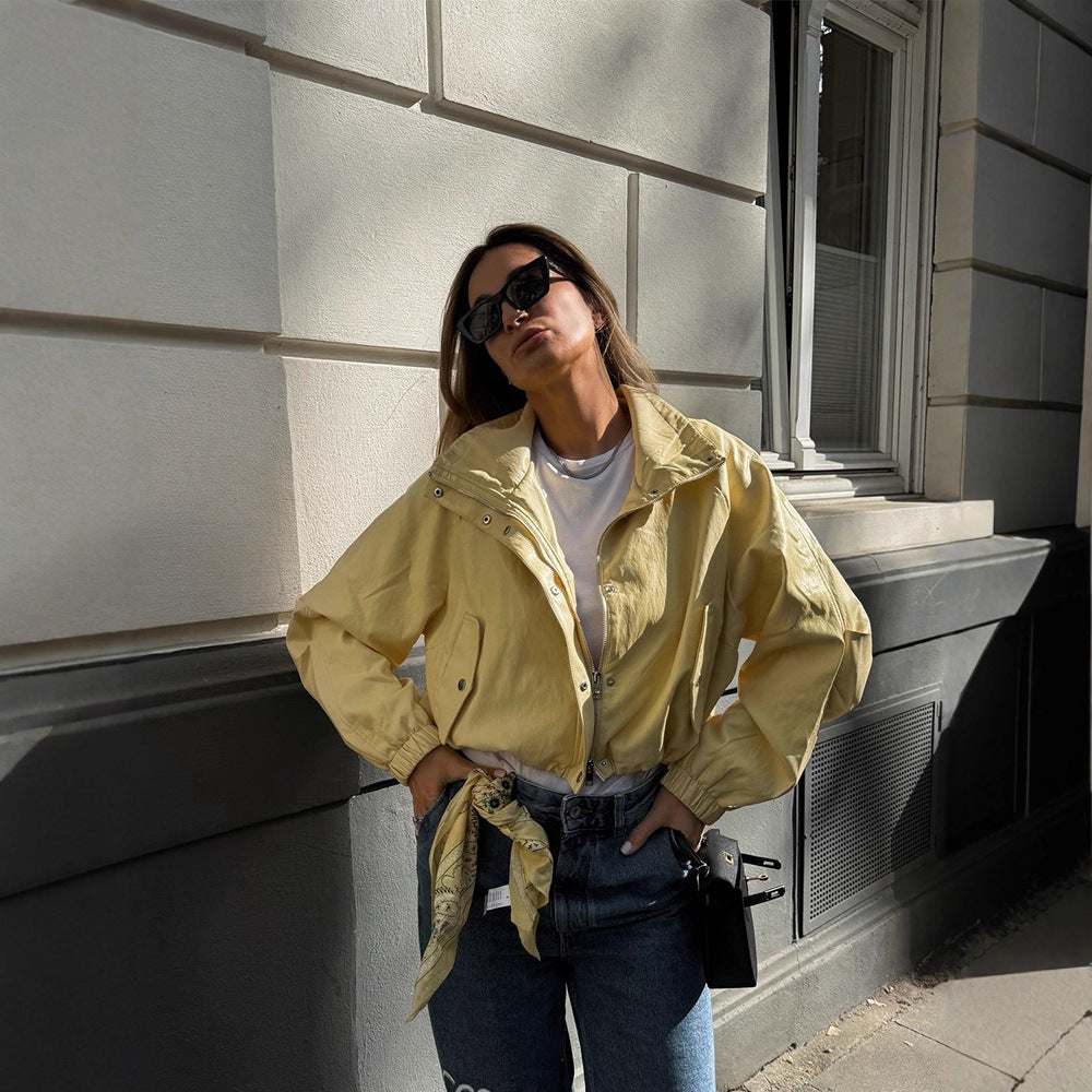 Women's Short Satin Look Bomber Jacket with Zipper, Snap Buttons & Elastic Cuffs Mune Fashion