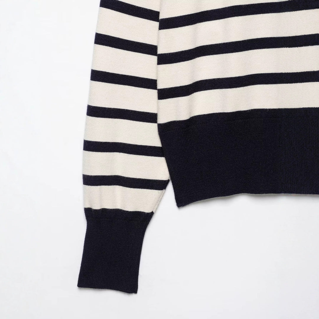 Women Striped Fine Knit Sweater with Half Zipper and Stand-up Collar Drune