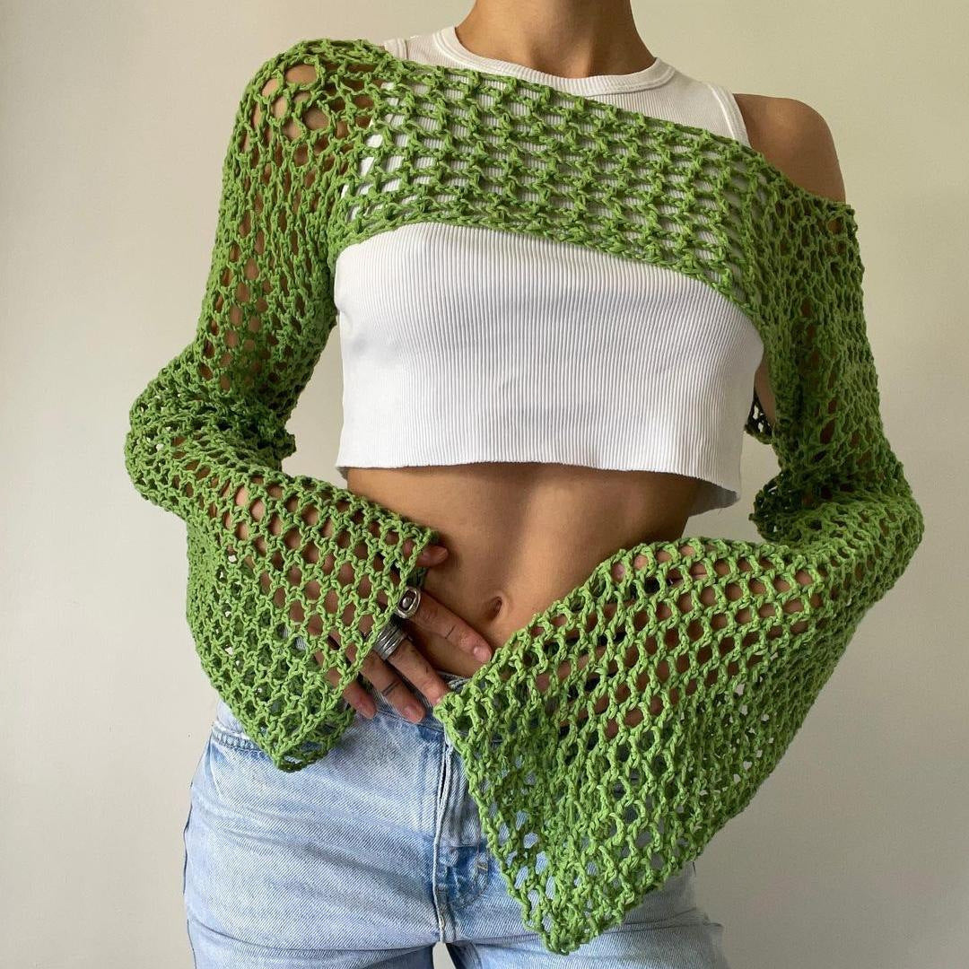Women's Crocheted Long Sleeve Top with Off-Shoulder Design Mune Fashion