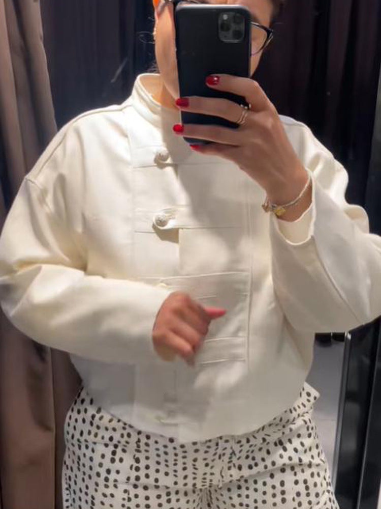 Women's Cropped Boxy Jacket with Chinese Stand Collar and Decorative Button Placket Mune Fashion