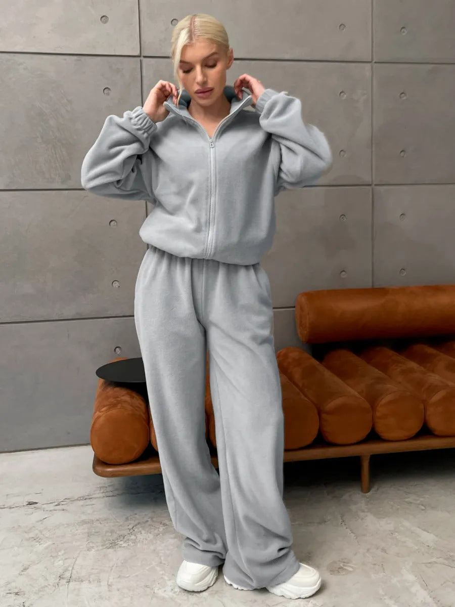 Women Comfortable Fleece Loungewear Set with Short Zip Top and Wide High Waist Pants Mune Fashion