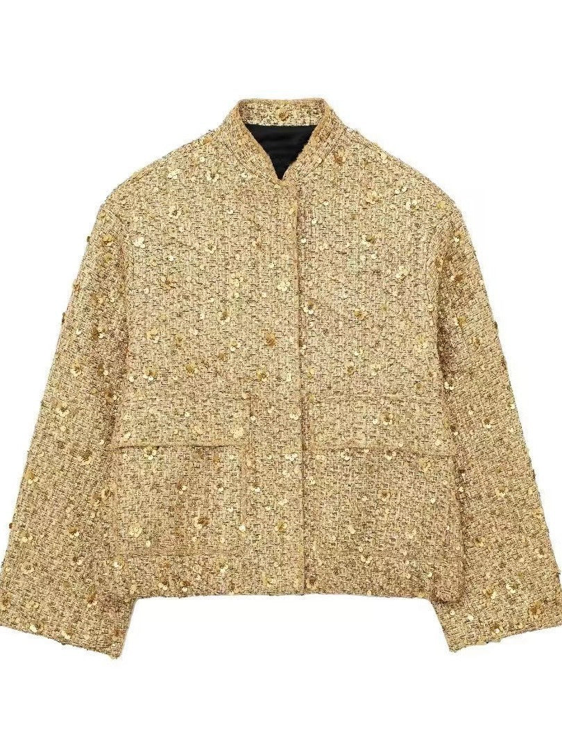 Women's structured bouclé jacket with stand-up collar, patch pockets, and elastic hem Mune Fashion