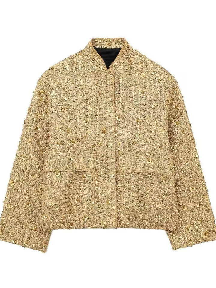 Women's structured bouclé jacket with stand-up collar, patch pockets, and elastic hem Mune Fashion