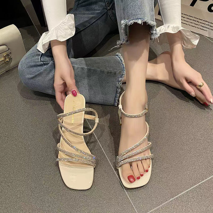 Ladies Elegant Rhinestone-Strap Sandals with Square Toe Box and Stable Block Heel Mune Fashion