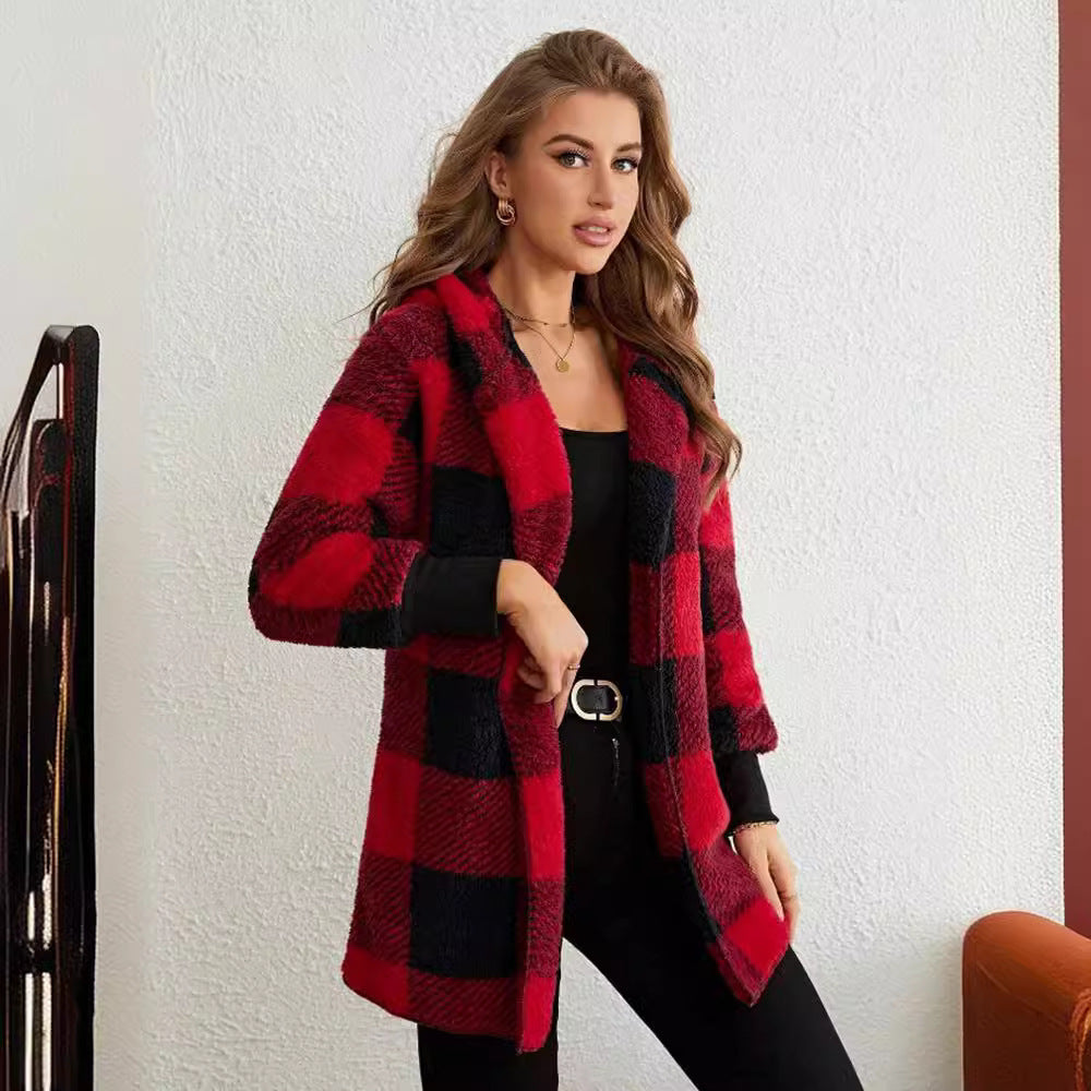 Women's checked teddy coat with large lapel collar and ribbed cuffs Mune Fashion