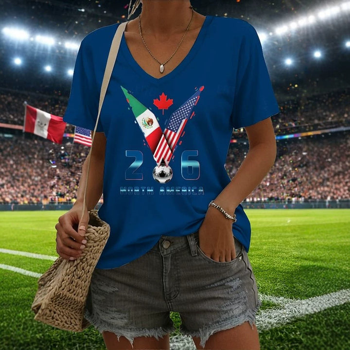 Women’s V-neck Retro Print T-shirt with Eagle Emblem and vintage-inspired Graphic Mune Fashion