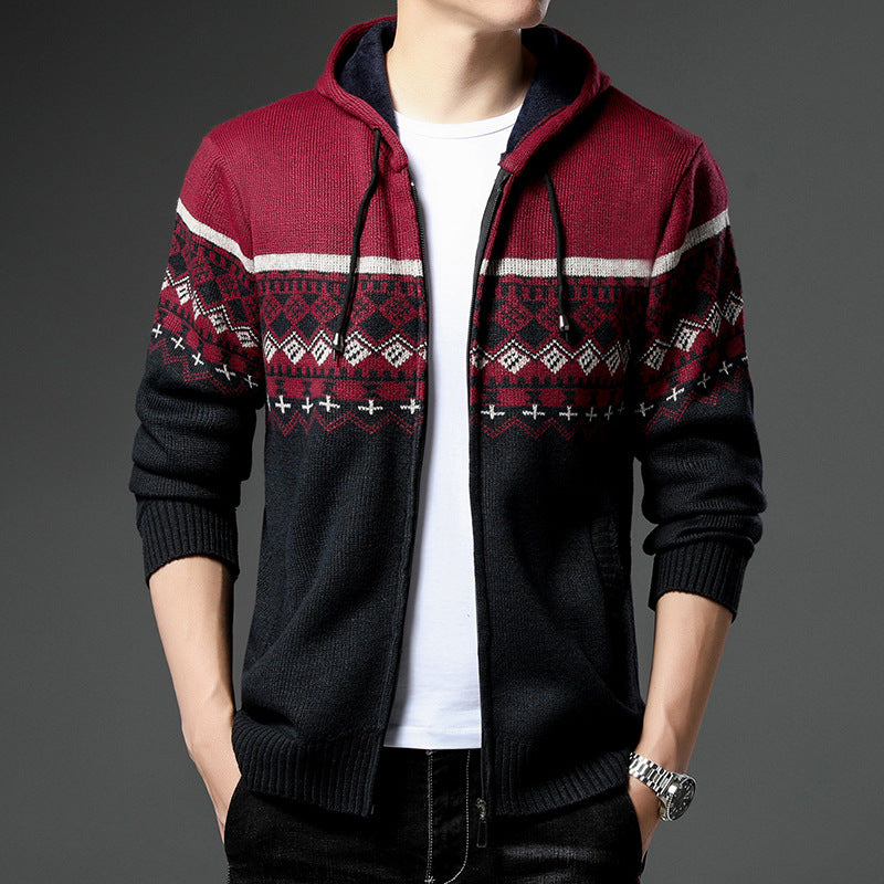 Men's Knit Zip Hoodie with Norwegian Pattern, Hood and Side Pockets Mune Fashion
