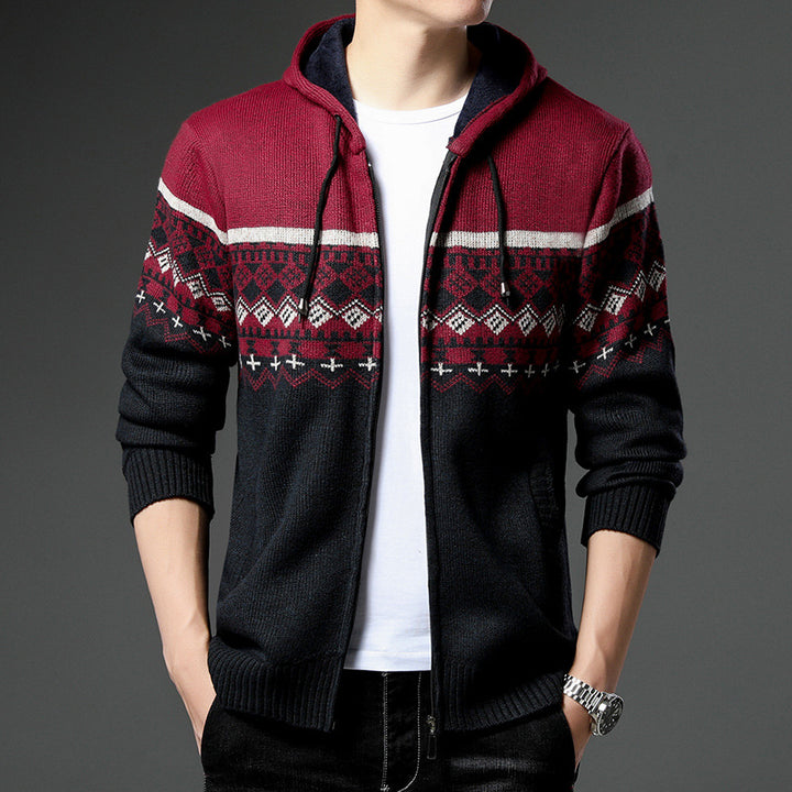 Men's Knit Zip Hoodie with Norwegian Pattern, Hood and Side Pockets Mune Fashion