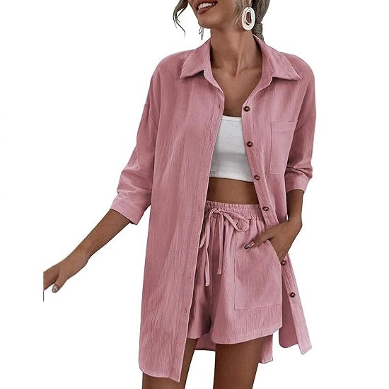Women's Lightweight Longline Shirt Jacket Set with Elastic High-Waist Shorts Mune Fashion